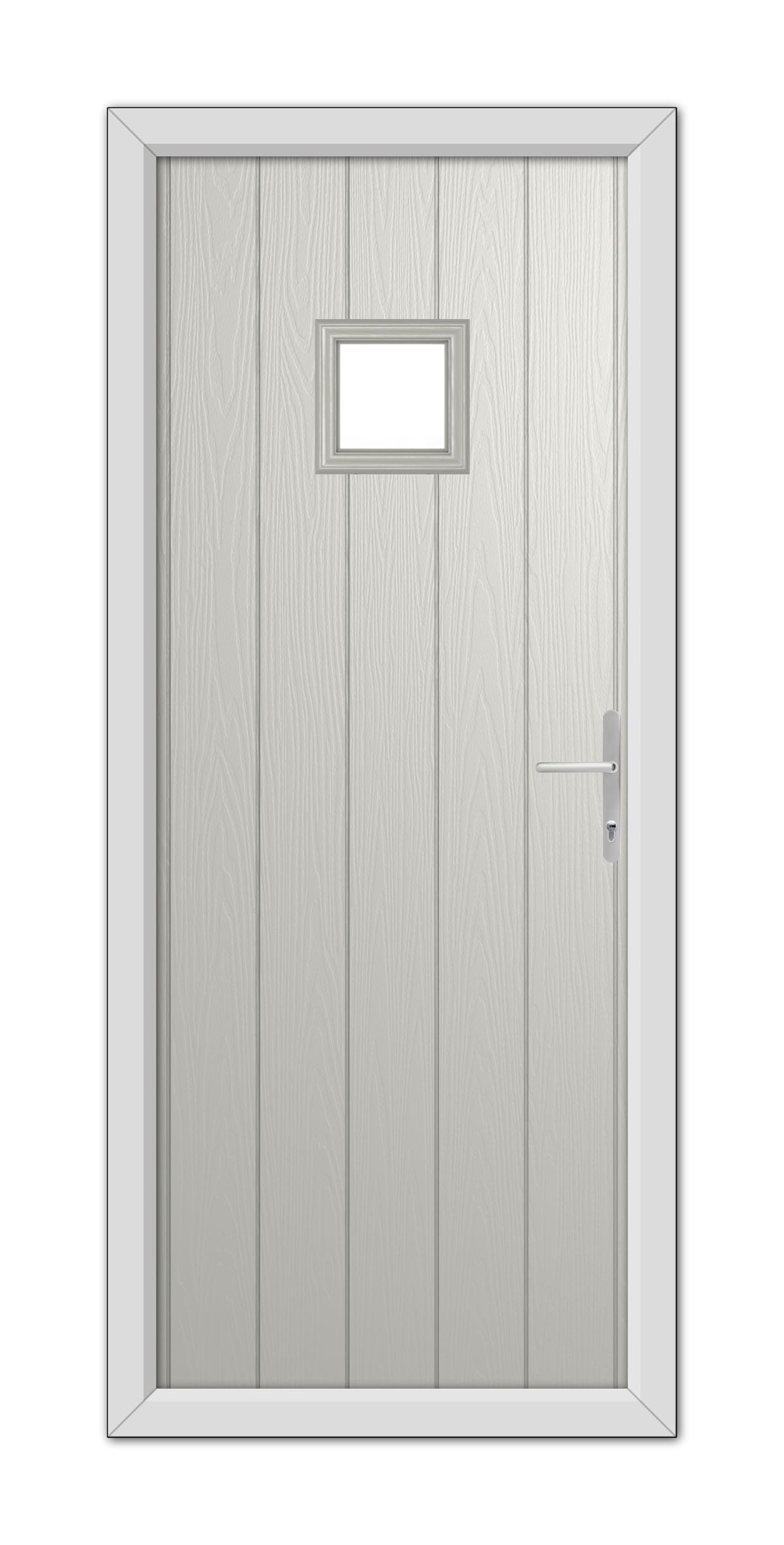 A modern Agate Grey Brampton Composite Door 48mm Timber Core with a small rectangular window and a metal handle, set within a white door frame.