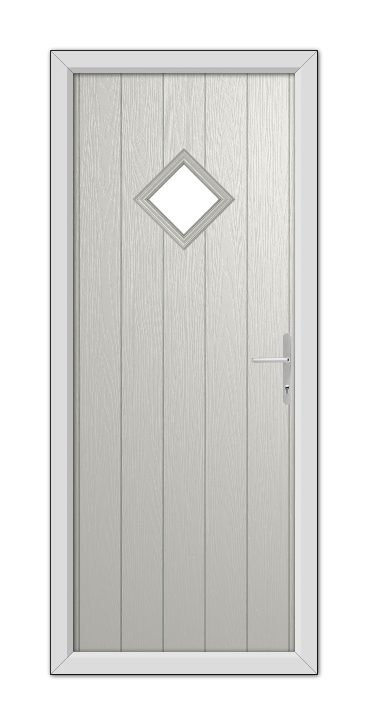 A modern Agate Grey Cornwall Composite Door 48mm Timber Core featuring vertical panels, a small diamond-shaped window at the top, and a metallic handle.