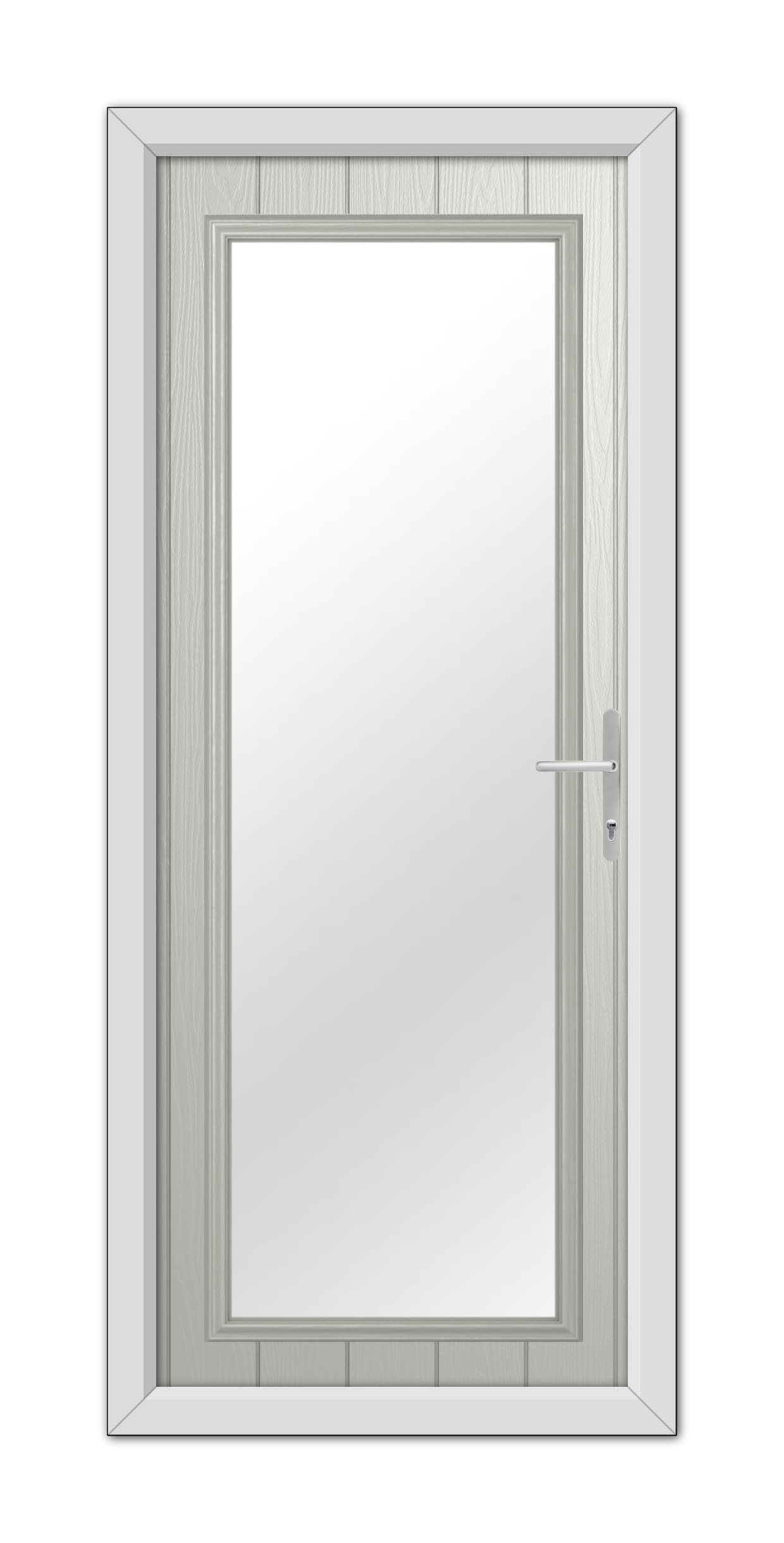 A modern Agate Grey Hatton Composite Door 48mm Timber Core with a clear rectangular glass panel, framed in white, and equipped with a silver handle on the right side.