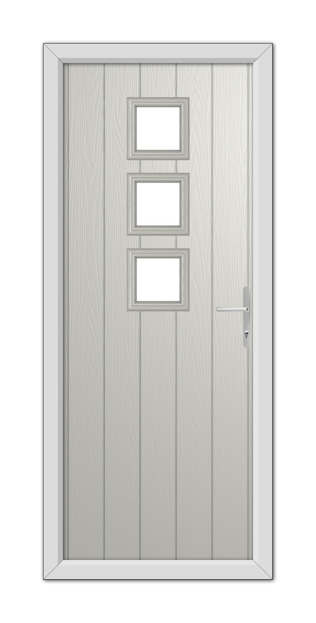 A modern Agate Grey Montrose Composite Door 48mm Timber Core with a vertical wood grain pattern, featuring three rectangular glass panels and a metal handle, set within a simple frame.