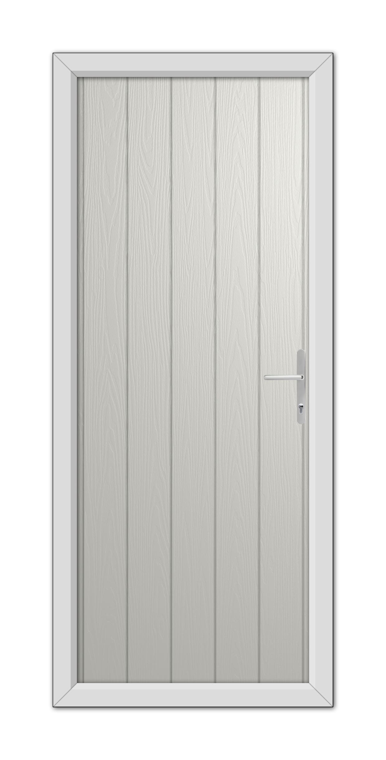 A modern Agate Grey Norfolk Solid Composite Door 48mm Timber Core with a simple silver handle, set within a frame, viewed head-on.