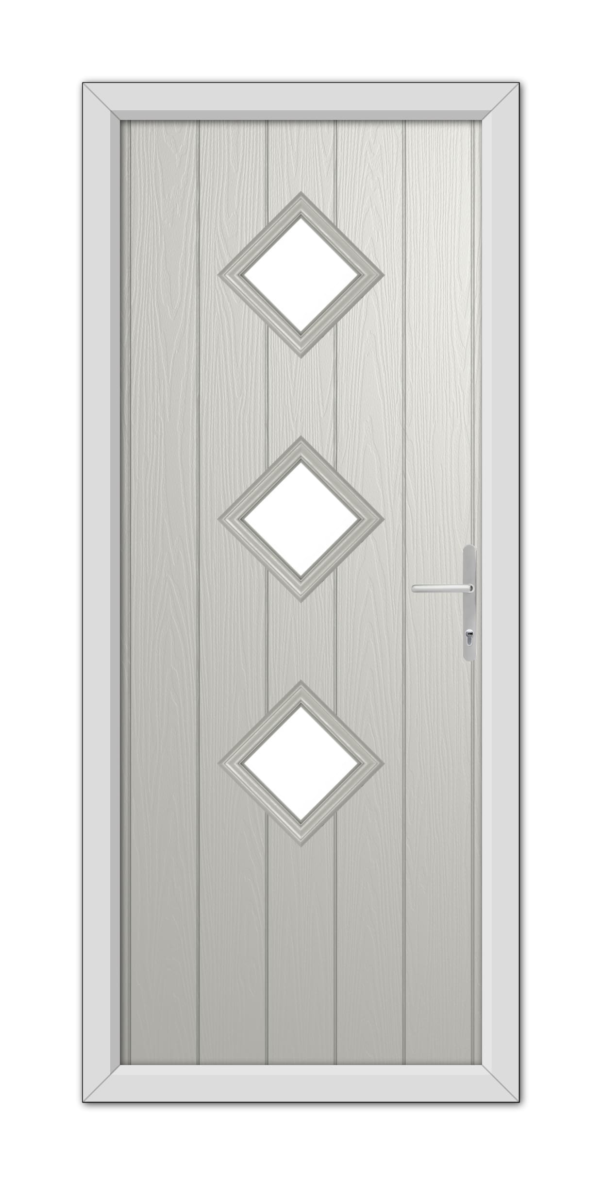 A modern Agate Grey Richmond Composite Door 48mm Timber Core featuring three diamond-shaped windows and a metallic handle, set in a simple frame.