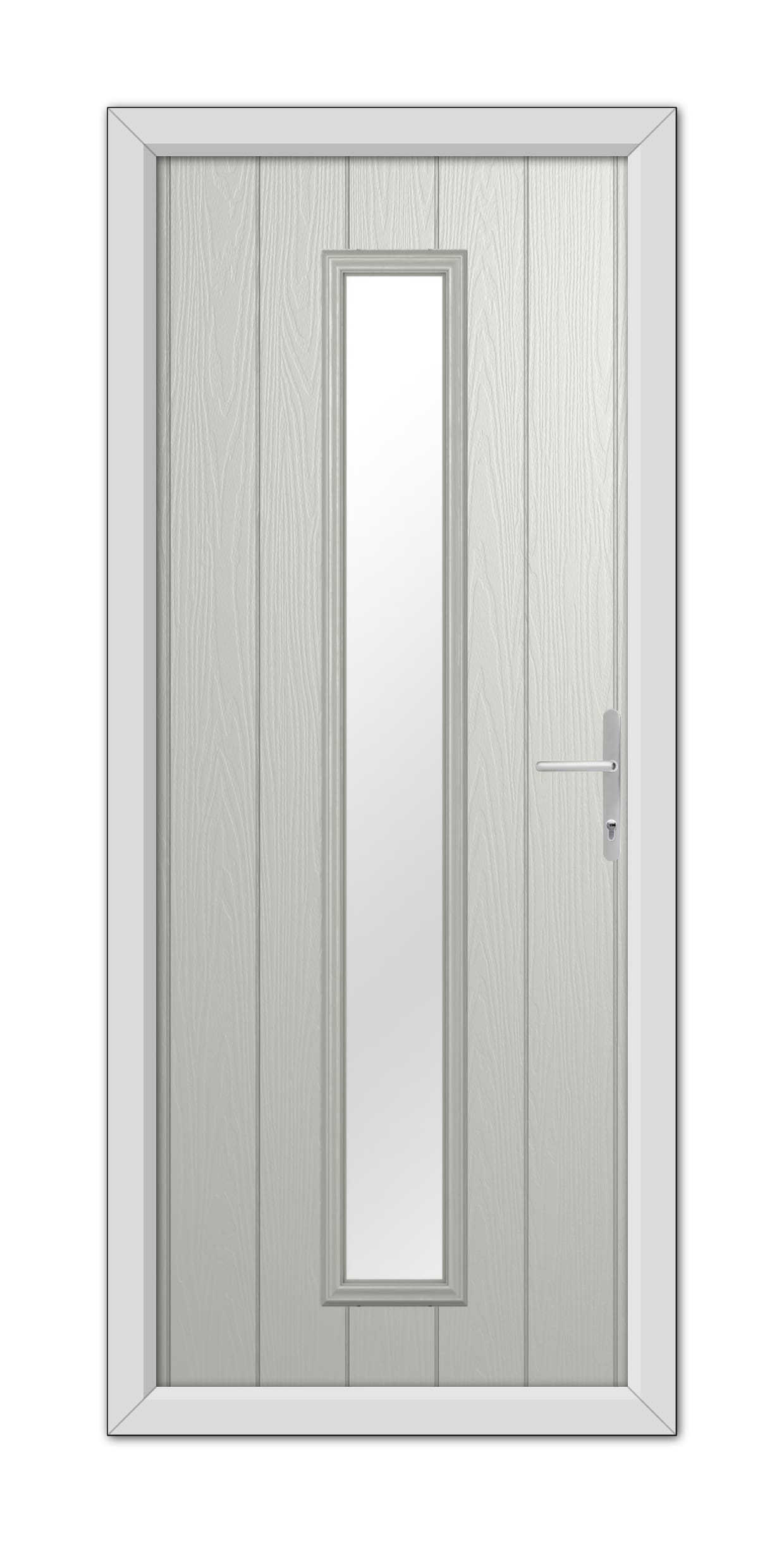 A modern Agate Grey Rutland Composite Door 48mm Timber Core with a long vertical glass panel and a metallic handle, set within a simple frame.