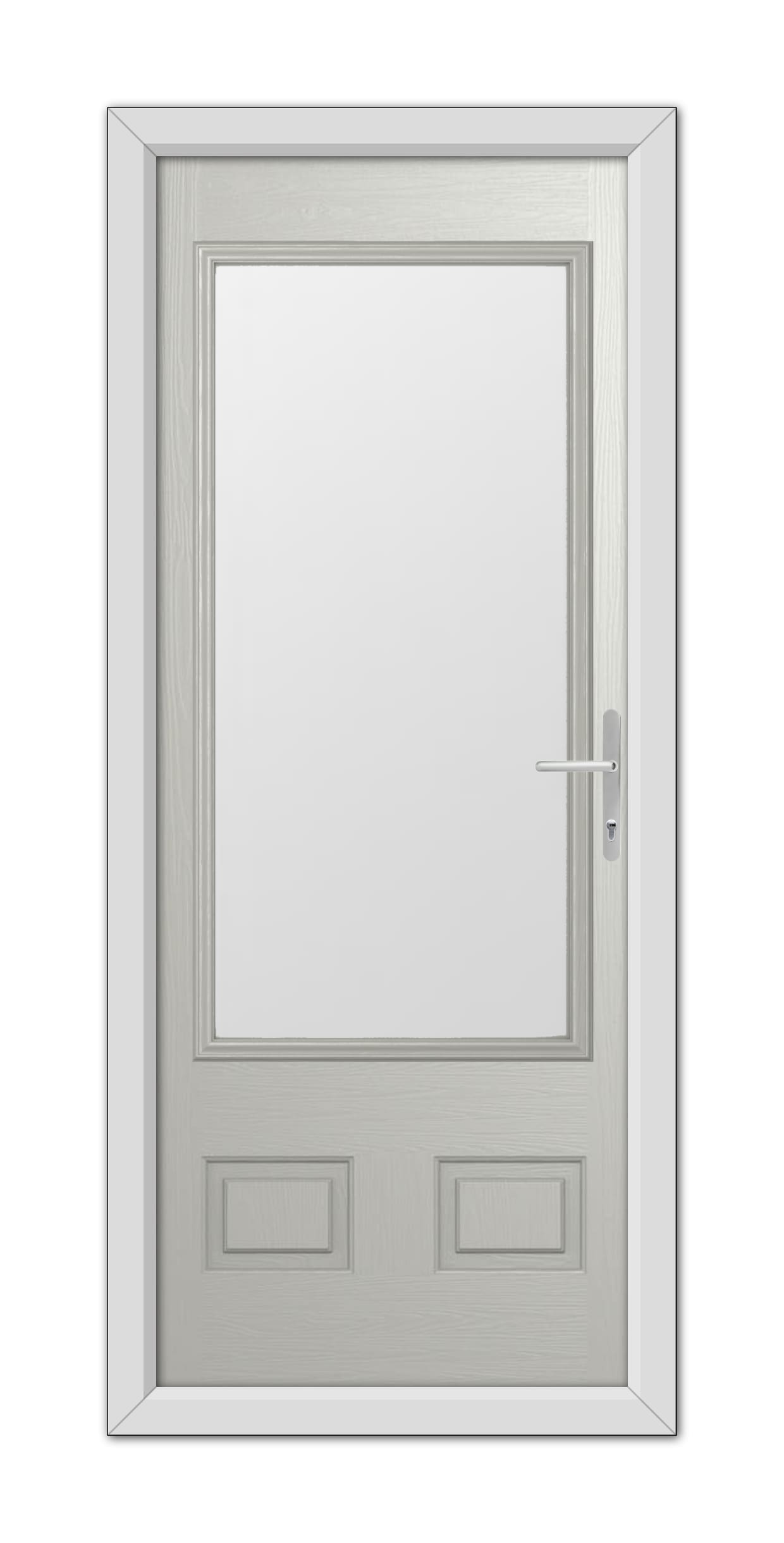 Agate Grey Walcot Composite Door 48mm Timber Core framed by a simple architectural casing, featuring a modern handle, and three vertical panels.
