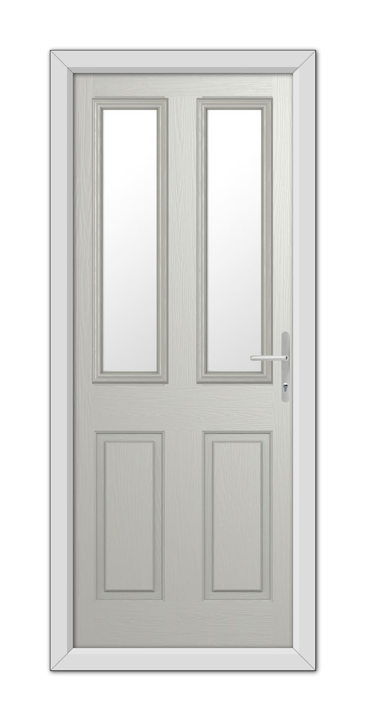A modern Agate Grey Whitmore Composite Door 48mm Timber Core with two vertical glass panels and a chrome handle, set within a white frame.