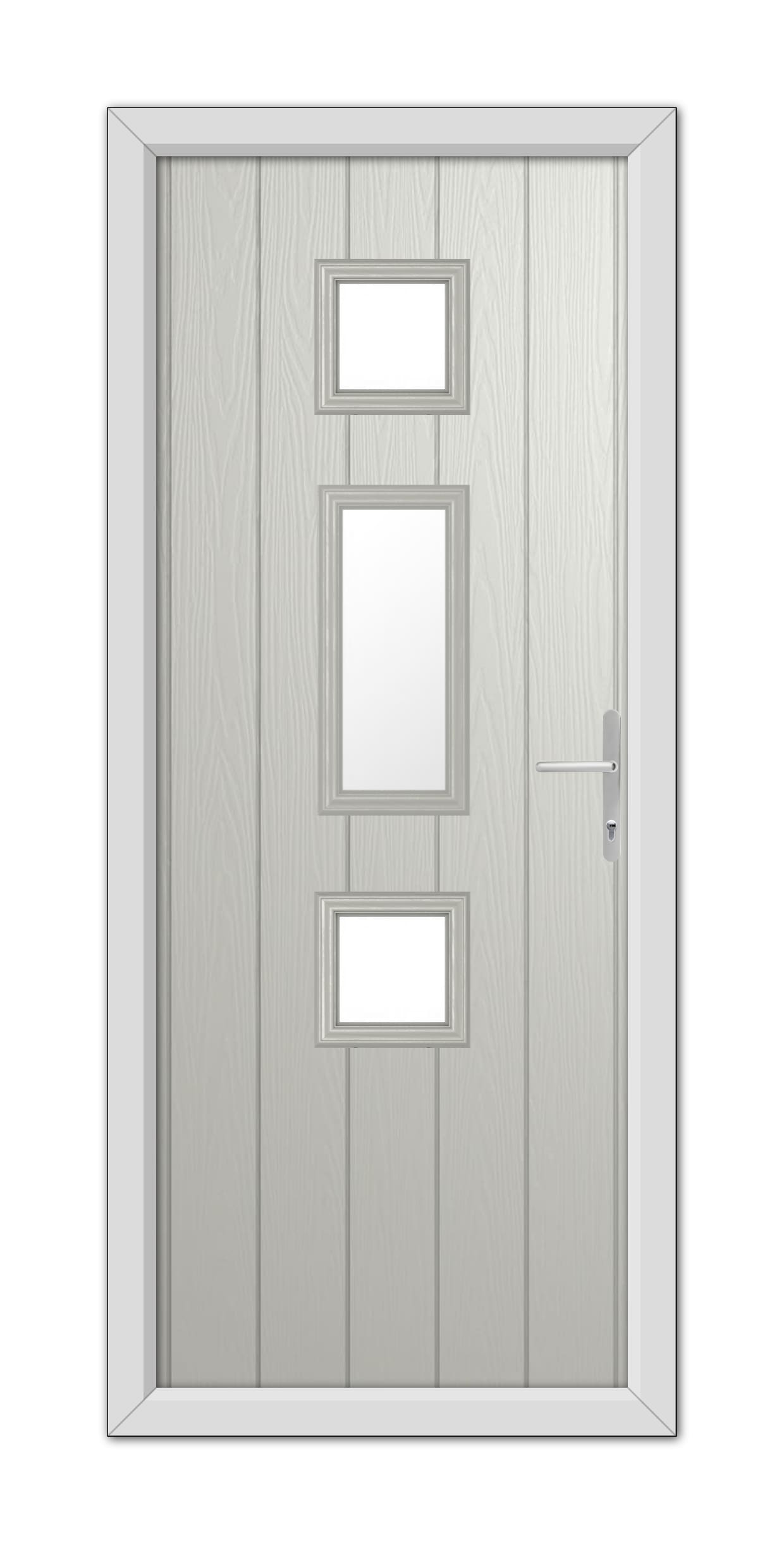 A modern Agate Grey York Composite Door 48mm Timber Core with three rectangular glass panels and a metal handle, set within a frame.
