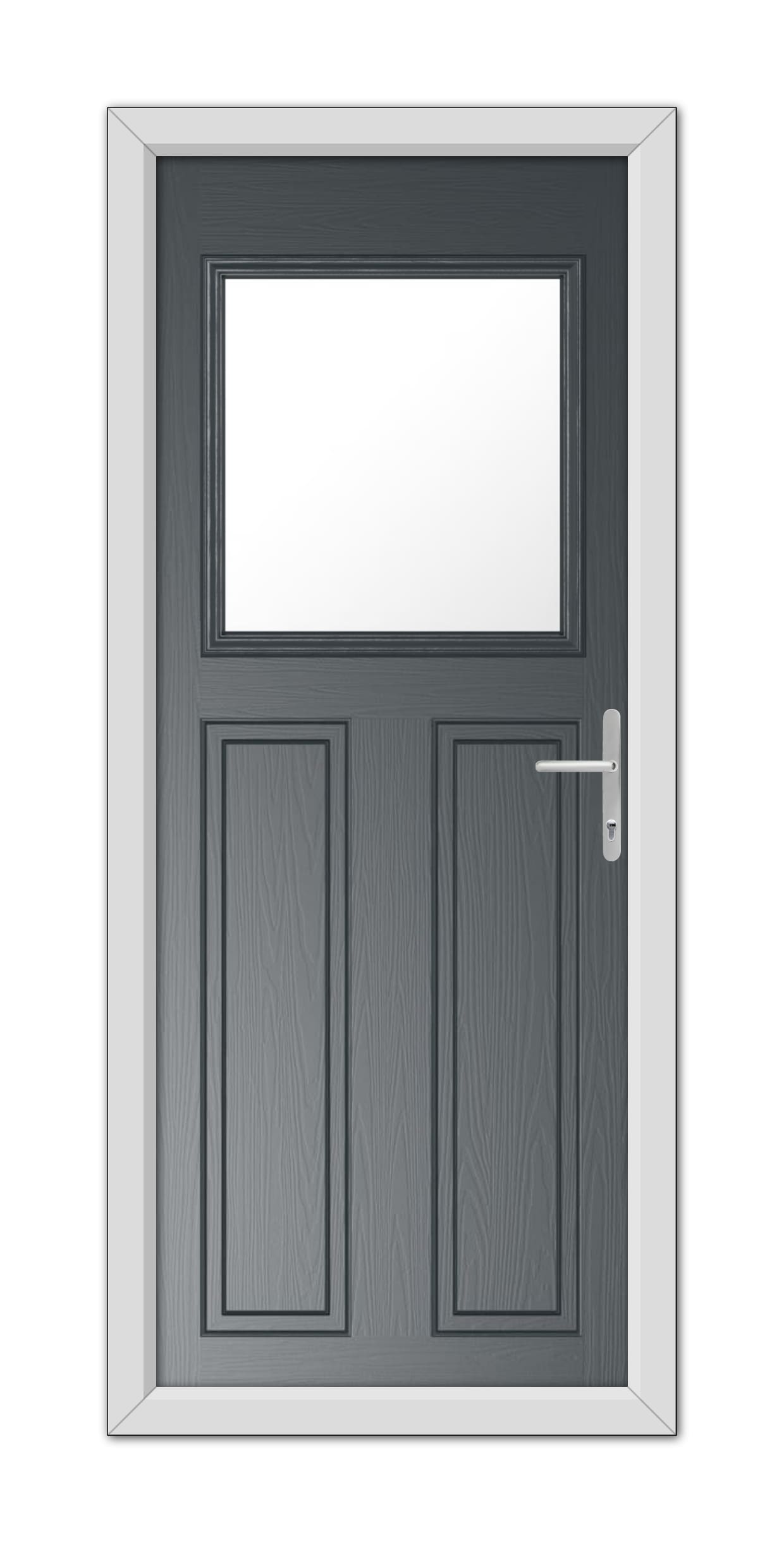 A modern Anthracite Grey Axwell Composite Door 48mm Timber Core featuring a small rectangular window at the top and a stainless steel handle on the right side, set within a white frame.