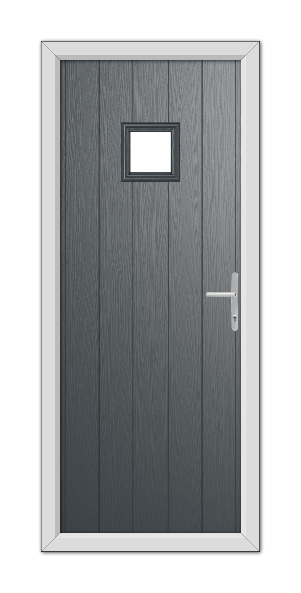 A modern Anthracite Grey Brampton Composite Door with a small rectangular window at the top, framed in white, and equipped with a metal handle on the right side.