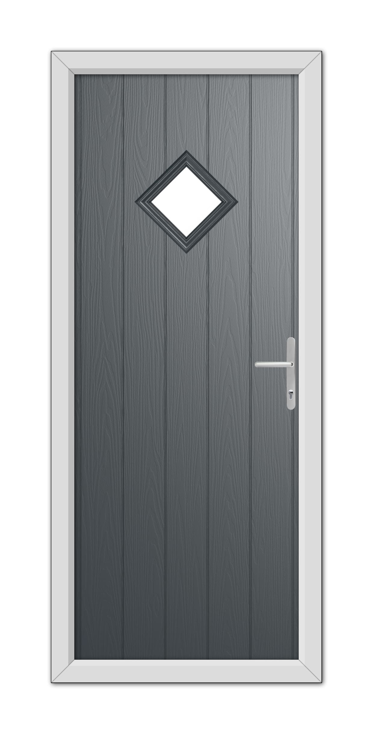 A modern Anthracite Grey Cornwall Composite Door with a diamond-shaped window and a silver handle, set in a white frame.