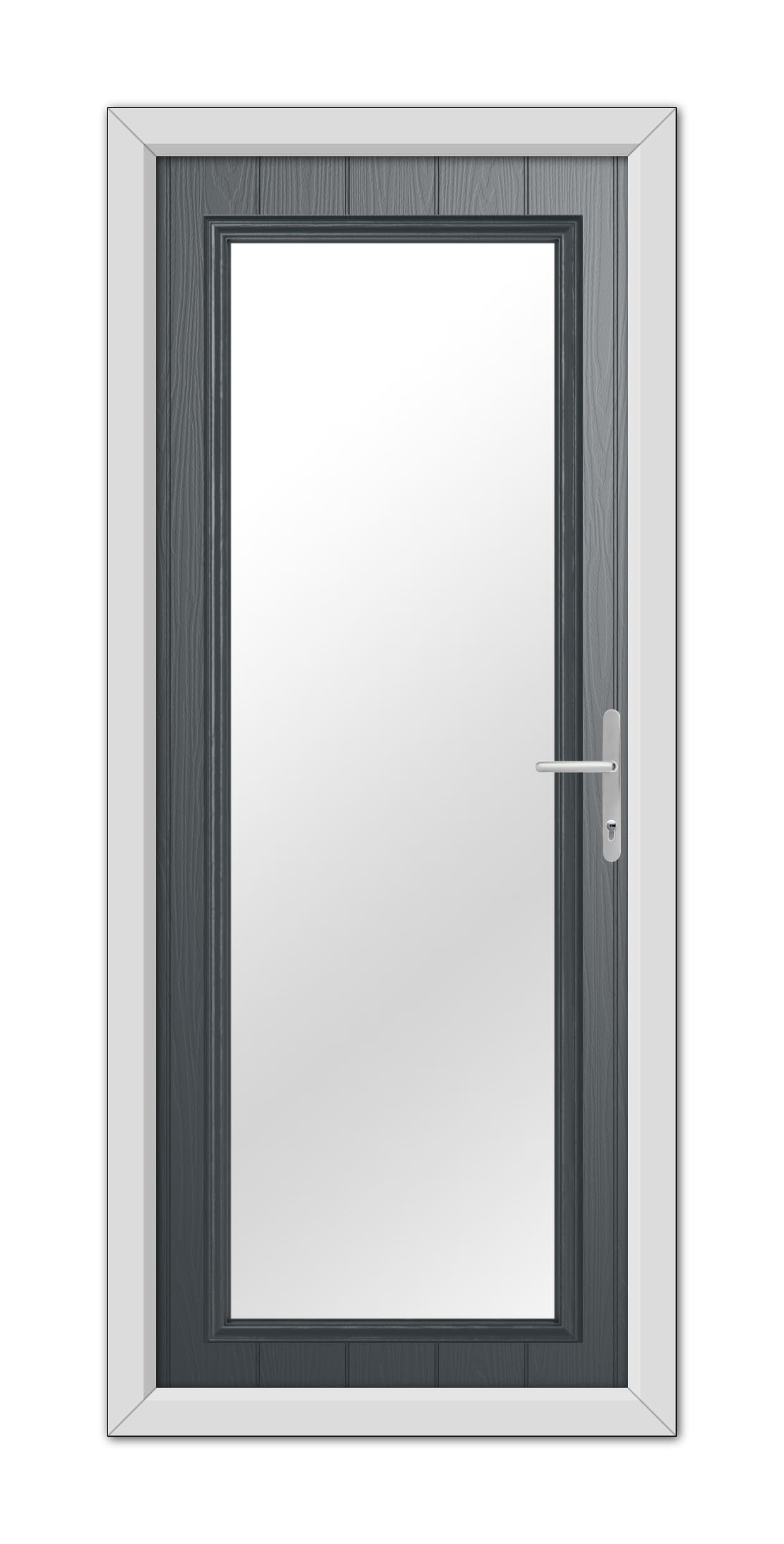 A modern Anthracite Grey Hatton Composite Door 48mm Timber Core with a reflective glass pane and a silver handle, surrounded by a white frame.